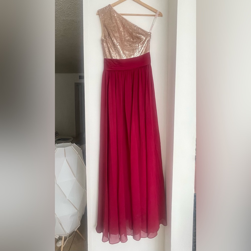 Bridesmaid or flower girl dresse burgundy and gold.